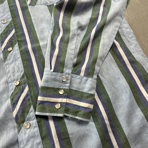 Vintage Wrangler Western Pearl Snap Shirt Mens XLT Tall Vertical Striped Green - Picture 8 of 14